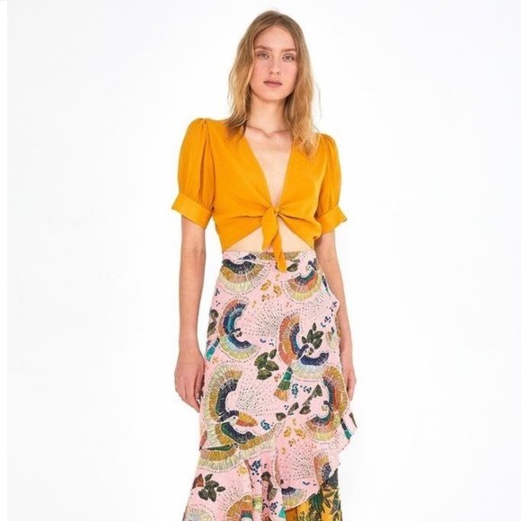 FARM Rio Tops - Farm Rio Puffed Sleeve Tie Blouse Size L Apricot Yellow